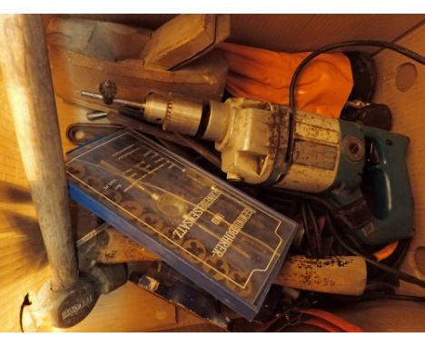 Box of mixed tools including heavy duty Bosch drill 