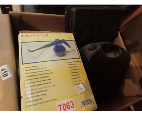 Box of mixed tools including steamer