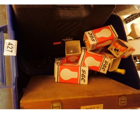 Box of mixed tools and bulbs with some plumbing fittings