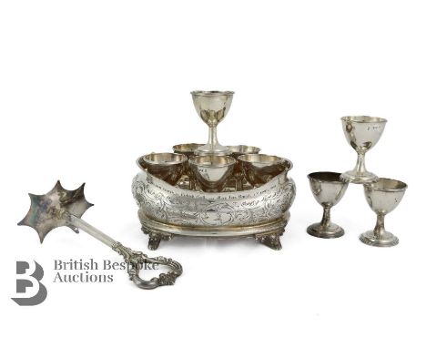 Victorian silver egg cup cruet, London hallmark dated 1845, mm possibly William Hunter, the stand house six egg cups, but a f