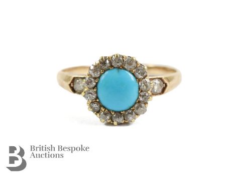 19th century 14/15ct yellow gold turquoise and diamond ring. The central turquoise measuring 5.25mm, framed by 36 pts of old-
