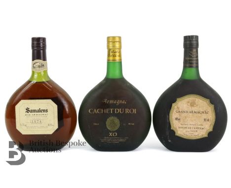 Cachet du Roi X.O Estate 70cl; Baron de Casterac Grand Armagnac Millesime 1958 and a Samalens Bas-Armagnac Millesime vintage 