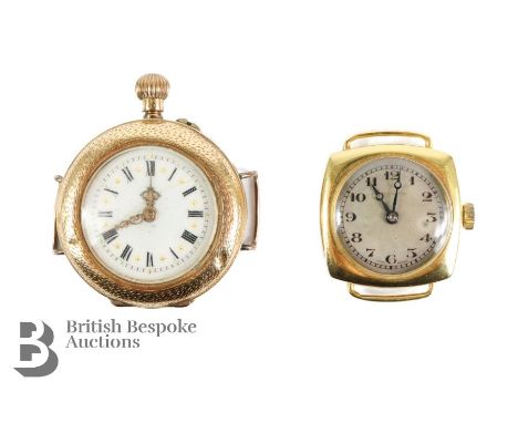 Ladies 14ct yellow gold and enamel converted pocket watch. The watch having white enamel face with Roman dial, stipple engrav