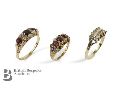 Antique 9ct gold garnet and pearl ring, size J, approx 1.7 gms; together with another garnet and white sapphire ring size Q 3