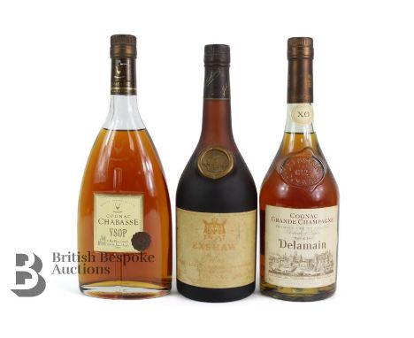 Exshaw Extra Tres Vielle Grande Champagne Premier Cru cognac 68cl; Delamain Grande Champagne cognac 'Pale and Dry' and a Chab