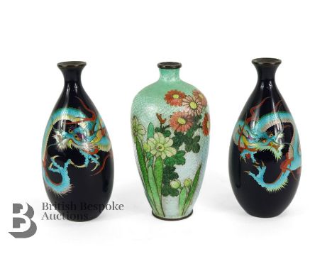 Pair of Japanese cloisonné vases, navy blue ground with turquoise blue enamel dragons heightened with red and lime green, app