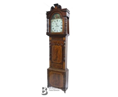 Large and impressive mahogany long case clock, 19th century, Benjamin Harlow Lane End. The clock having a white enamel face w