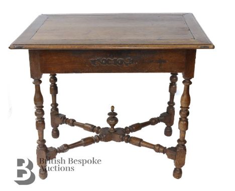 18th century oak table, the table having turned legs and cross stretchers, with a single drawer, approx 88 x 63w x 74 h cms. 