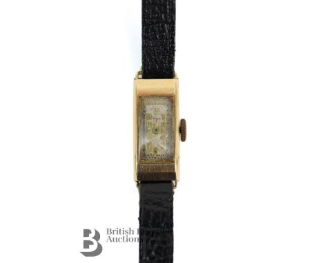 Ladies vintage 14ct gold cocktail watch, marked Wyler, with silvered face and gold plated numeric dial, watch face measures a