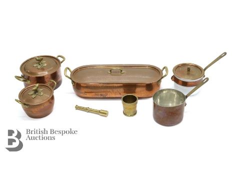 Hammered copper fish kettle purchased from Harrods; together with hammered copper pots including Mauviel 6" pot, 6.1/2" pot a