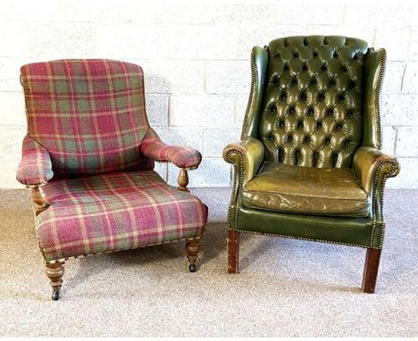 A Victorian oak framed easy chair, with tartan upholstered back and seat and turn legs with ceramic castors; also a green lea