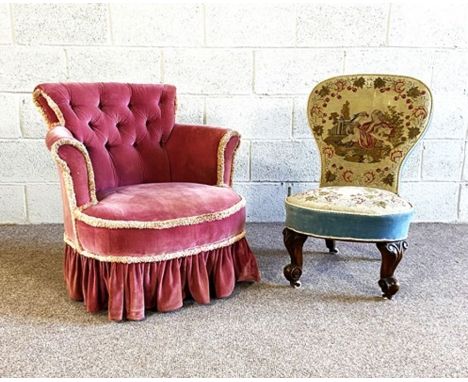 A Victorian tapestry covered nursing chair, with ceramic castors; together with a small pink button upholstered timber chair 