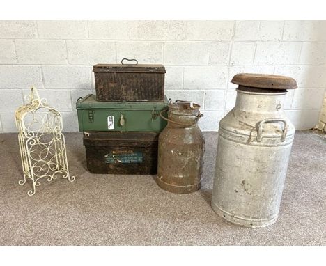 Miscellaneous items, including a galvanized milk churn, another smaller; a wrought iron wine rack; assorted tin trunks and a 