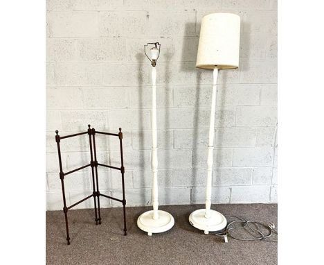 A group of assorted hanging light fittings, two white painted standard lamps, a towel rail and tiered display unit (a lot)