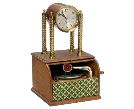 Grammophon mit WeckfunktionVermutlich Deutschland, unbezeichnet, Unterteil mit Grammophon, Federwerkantrieb, Handkurbelaufzug