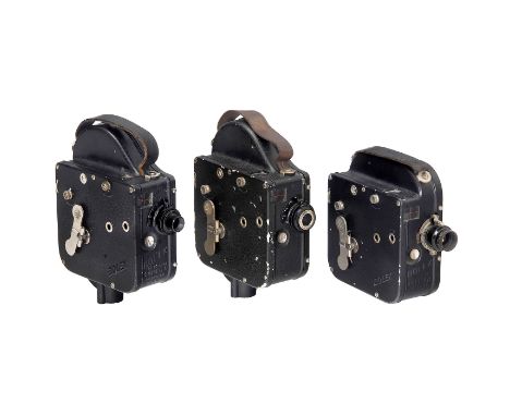 3 frühe Bolex-Kameras, ab 1928Bolex, Schweiz. Alle Kameras für 16 mm, Tageslicht­spulen für 30 m Film, Newton-Aufsichtssucher