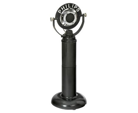 Mikrophon auf Ständer von Philips, um 1940Philips-Kohlemikrophon-Kapsel Nr. 4225 mit Keramik-Korpus in federnder Aufhängung, 