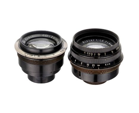 2 x Zeiss Biotar 1,4/4 cm zur Debrie, um 1930Carl Zeiss Jena. Beide Optiken unter Punktlicht sauber, für das 35mm-Filmformat 