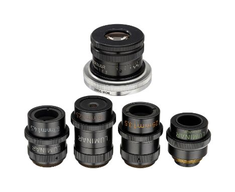 Zeiss Luminare 100 mm, 63 mm, 40 mm, 25 mm und 16 mmCarl Zeiss, Oberkochen. Alle mit Irisblende, alle unter Punktlicht sauber