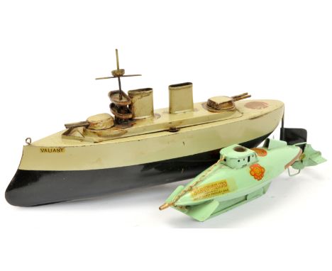 Sutcliffe Models A Pair Of&nbsp; Tinplate Clockwork Boats - (1) "Nautilus" - Sea-Green (Turquoise) and (2) "Valiant" - Dark G