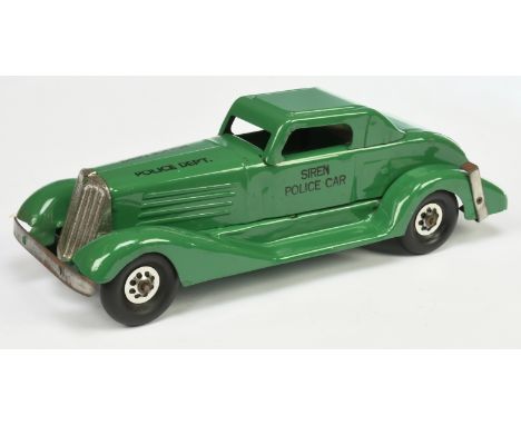 Marx Toys (USA) "Siren Police Car" - large Scale Pressed Steel "Police" Car - green with black lettering - Friction motor wit