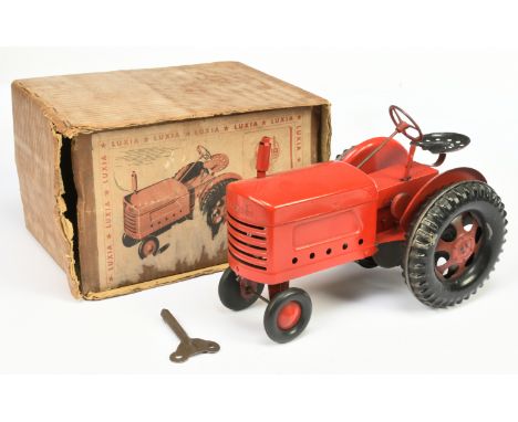 Luxia (France) Tinplate Clockwork Tractor - Red Body with black seat and wheels - overall Good (approx 1/16th) - See-Photo wi