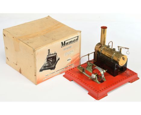 Mamod Live Steam Twin Cylinder Engine - Red base with Box Stand and Gold Boiler - Good Plus overall in a Fair carded box with