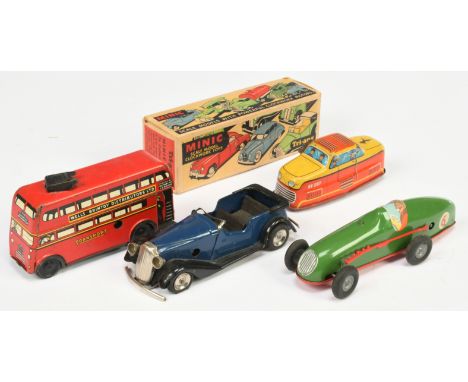 Tinplate Group To Include - Triang Minic No.1 Racing Car - Green - Good including box - Unboxed Open Tourer - Blue, black Wel