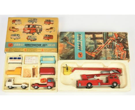 Corgi Toys A Pair - (1) 1127 Bedford Simon Snorkel Fire Engine - Red Body, silver trim and platform, lemon interior, spun hub