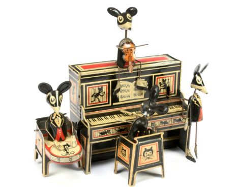 Marx Toys (USA) "Merry Makers" Tinplate Mouse Band - c.1925, Tinplate clockwork novelty comprising tin printed piano and 4 x 