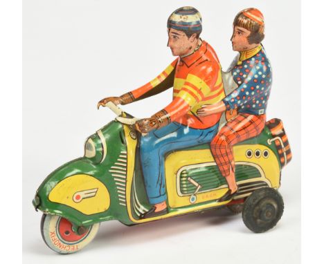 Technofix (Germany) No.282 Tinplate friction drive Scooter - circa 1950s, Green, yellow, with tin printed rider and lady pill