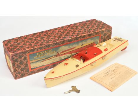Hornby Tinplate Boat Racer III - Cream and Red with key and folded leaflet See-Photo - Good Plus overall bright example in a 