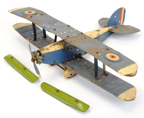 Mecanno Tinplate Bi-Plane with single engine and pilot seat - blue and cream with pilot figure - Poor to Fair see-Photo comes
