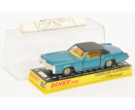 Dinky Toys 175 Cadillac Eldorado - Dark Metallic Aqua-Blue, black roof yellow interior, cast hubs, chrome trim - Good Plus (m
