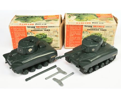 Triang Minic Plastic Larger Scale Sheman Tank A Pair - (1) Green with black rubber tracks - Good Plus bright example and (2) 