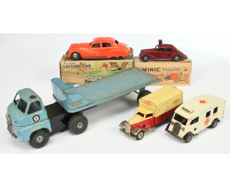 Triang Tinplate &amp; Plastic boxed &amp; Unboxed&nbsp; Group Of 5 - (1) "Ambulance", (2) "Police" Car, (3) saloon Car, (4) "