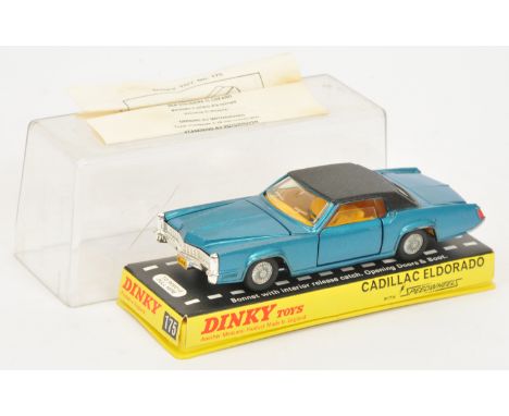 Dinky Toys 175 Cadillac Eldorado - Dark Metallic Aqua-Blue, black roof yellow interior, cast hubs, chrome trim - Good Plus (m