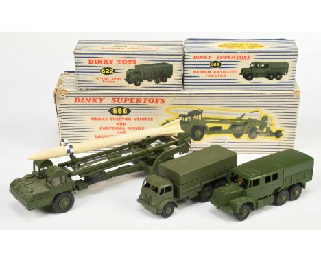 Dinky Toys Military A Group Of 3 - (1) 622 Foden Covered Wagon, (2) 666 Missile Erector Vehicle With Corporal Missile (Missin