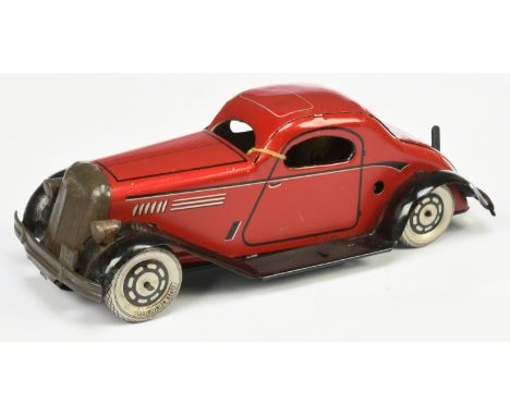 Marx Or Similar Tinplate Clockwork 2-Door Sedan - Red and black with grey tyres - Good overall (some rusting to bare metal pa