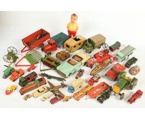 Tinplate &amp; Diecast Large Unboxed Group To Include - Tinplate Mettoy Tractor and Implements, Triang Minic Dust Cart, plus 