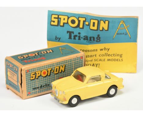 Triang Spot On 131 Goggomobile - Yellow body, cream interior and red steering wheel, silver trim, cast spun hubs - Excellent 