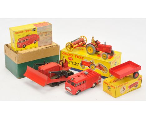Dinky Toys A Group Of 4 - (1) 276 Airport Fire Engine - Red, chrome spun hubs, (2) 310 Massey Harris Tractor with Hay rake - 