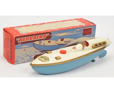 Sutcliffe Models "Bluebird" Speed Boat Tinplate Clockwork - Off white, light blue hull, gold trim complete with key - Good Pl