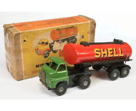 Triang Minic No.3 Push And Go Tinplate Bedford Articulated Tanker "Shell/BP" - Green , Red And&nbsp; black (approx 30cm) - Fa