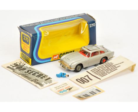 Corgi Toys 270 "James Bond" Aston Martin DB5 - Silver body, red interior and tyre slashers, wire wheels, with "James Bond" fi