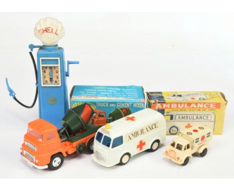 Tinplate &amp; Plastic Group Of 4 To Include OK Plastic Albion Mixer, NFIC (Hong Kong) "Ambulance" - conditions are Good Plus