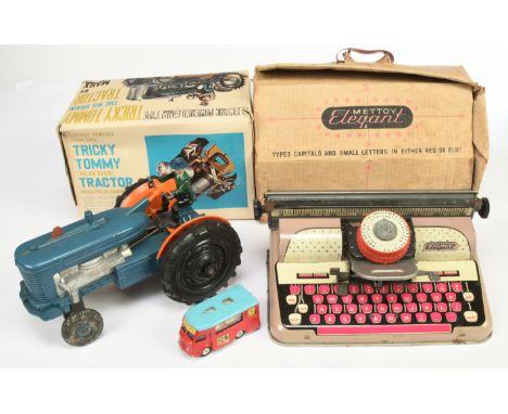 Tinplate &amp; Plastic Group To Include - Marx Large Scale Plastic "Tricky Tommy" Tractor, Mettoy Tinplate Typewriter - condi