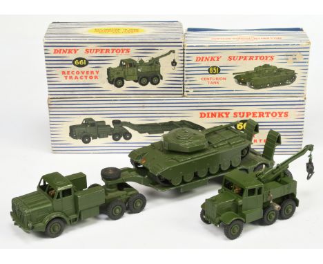 Dinky Toys Military A Group Of 3 - (1) 651 Centurion Tank, (2) 660 Mighty Antar Tank Transporter and (3) 661 Scammell Recover