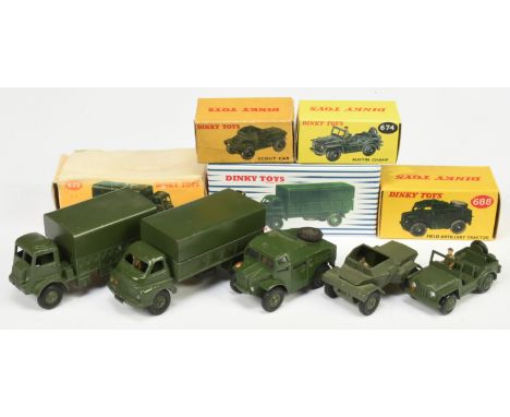 Dinky Toys Military Group Of 5 - (1) 621 Covered Wagon, (2) 623 Covered Wagon, (3) 673 Scout car, (4) Austin Champ and (5) 68