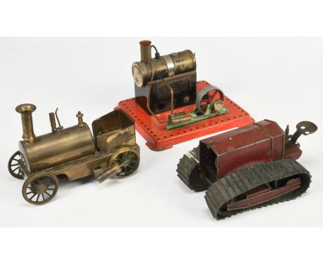 Tinplate Group Of 3 - (1) Kingsbury Tractor - Maroon (rubber tracks fitted), (2) Mamod Live Steam Cylinder and (3)&nbsp; Bras